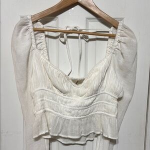 White Ruched Puff Sleeve Blouse with Tie Front